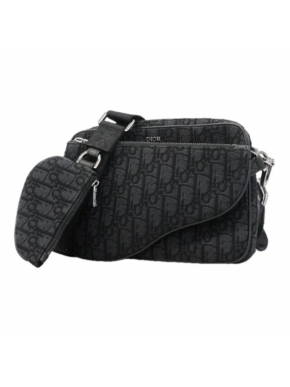 Dior Shoulder Bag Oblique Saddle Canvas Black Silver
